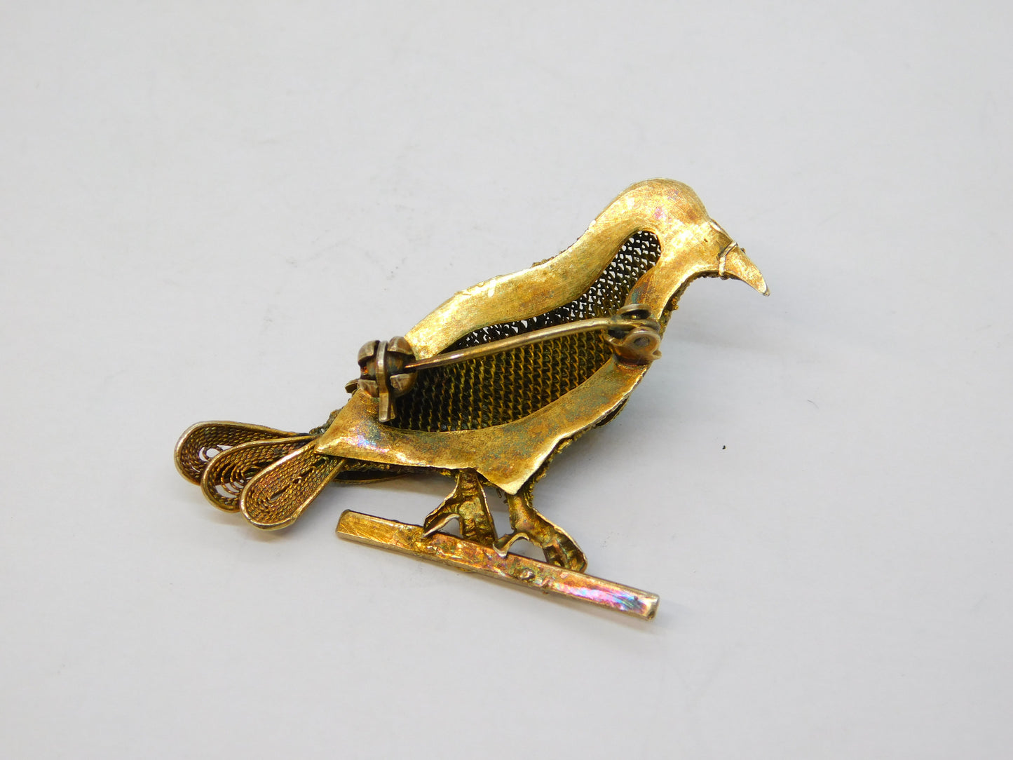 Chinese Sterling Silver Gilt, Enamel & Turquoise Bird Brooch Antique c1940