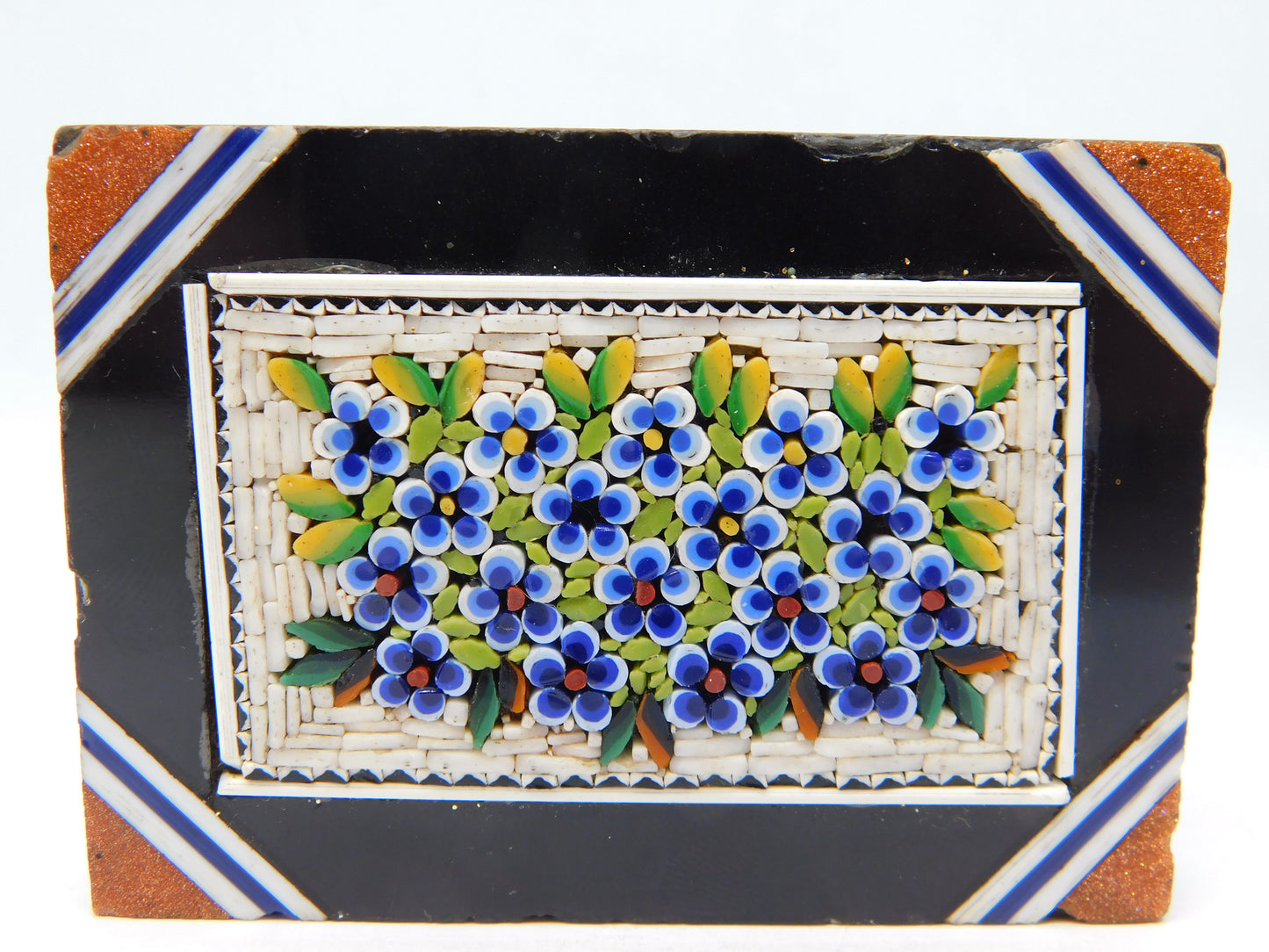 19th Century Black Marble Set Micro-Mosaic Floral Plaque Antique c1860