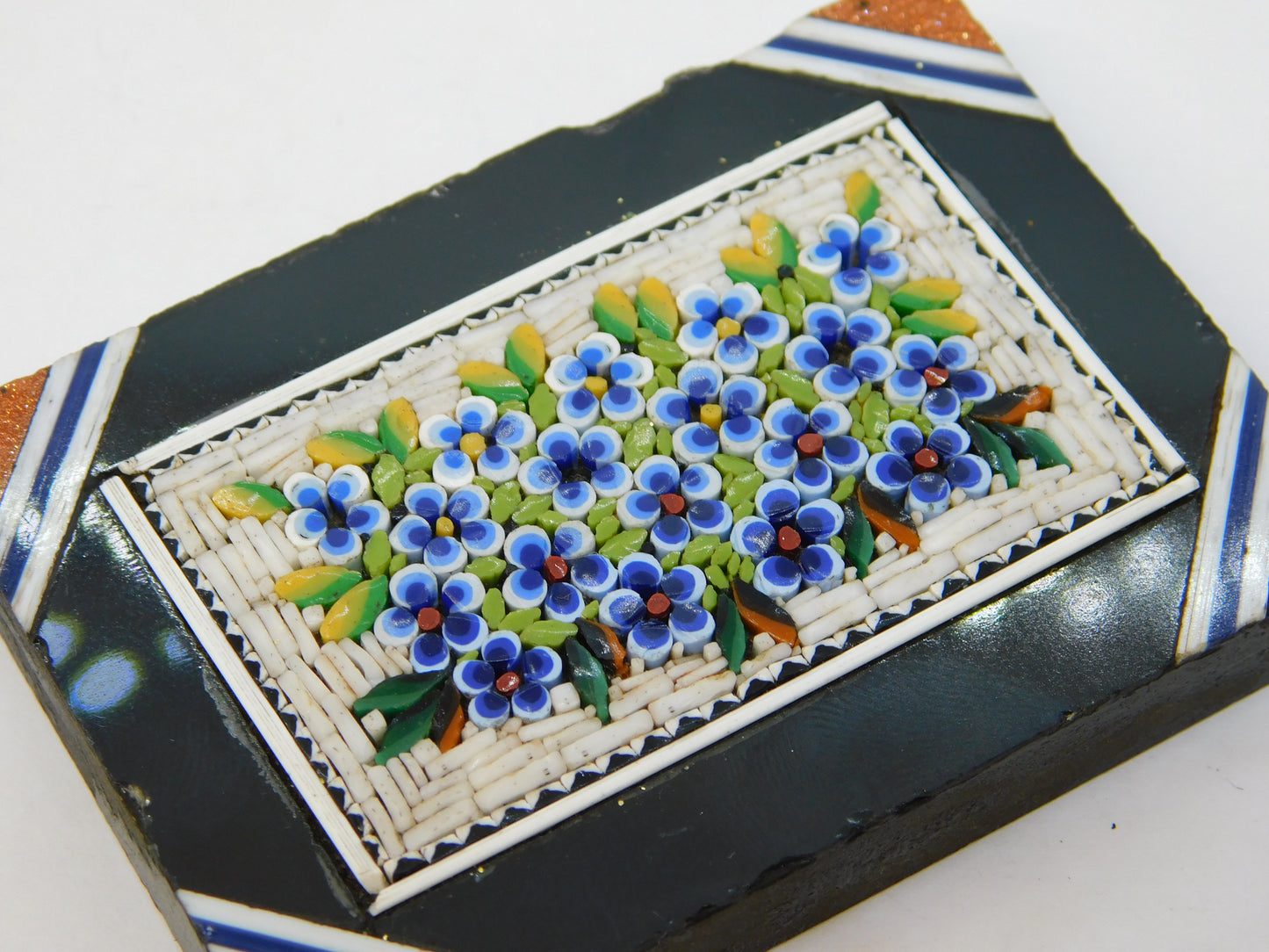 19th Century Black Marble Set Micro-Mosaic Floral Plaque Antique c1860