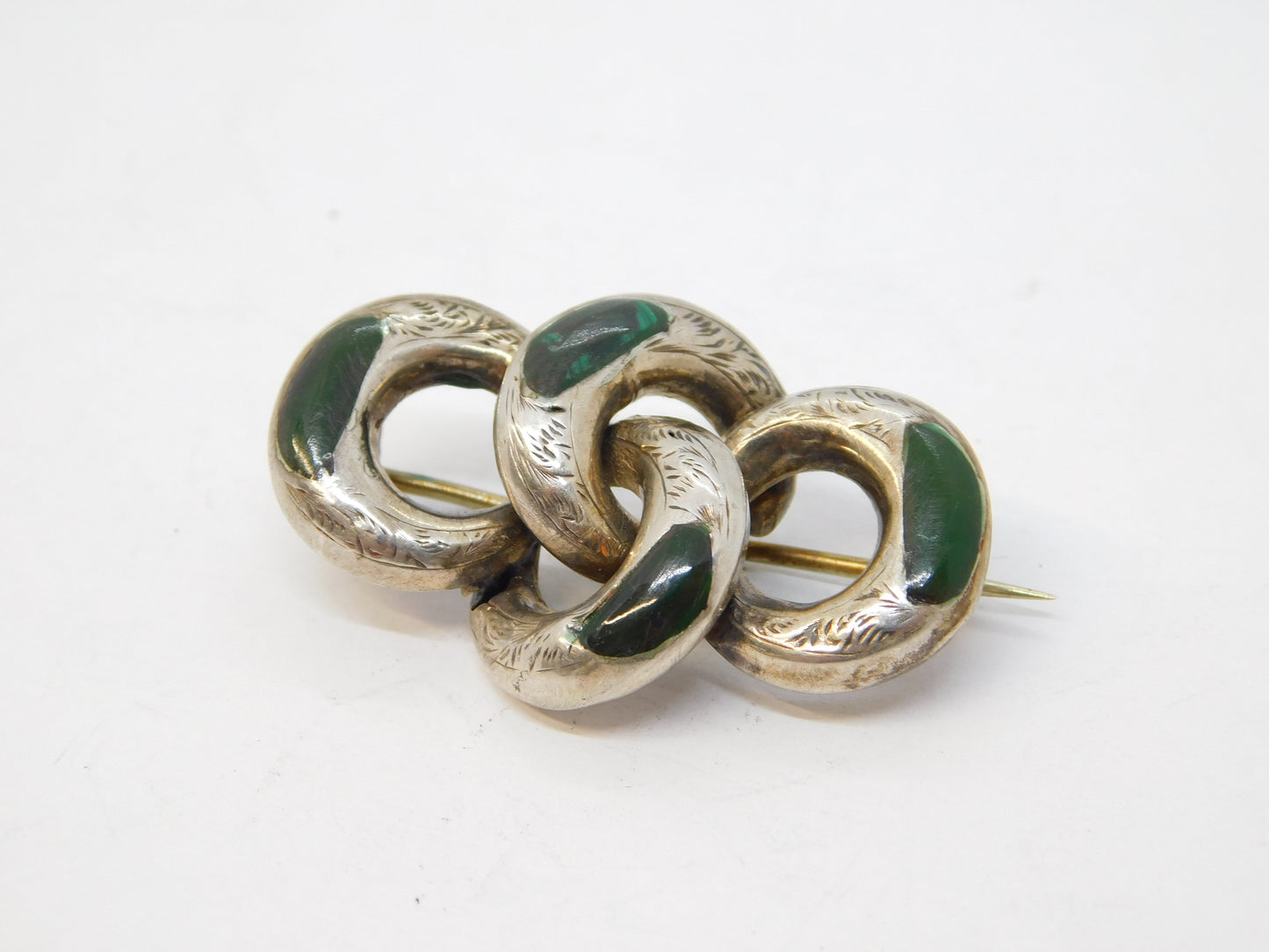 Victorian Scottish Sterling Silver Green Malachite Knotted Brooch Antique c1860