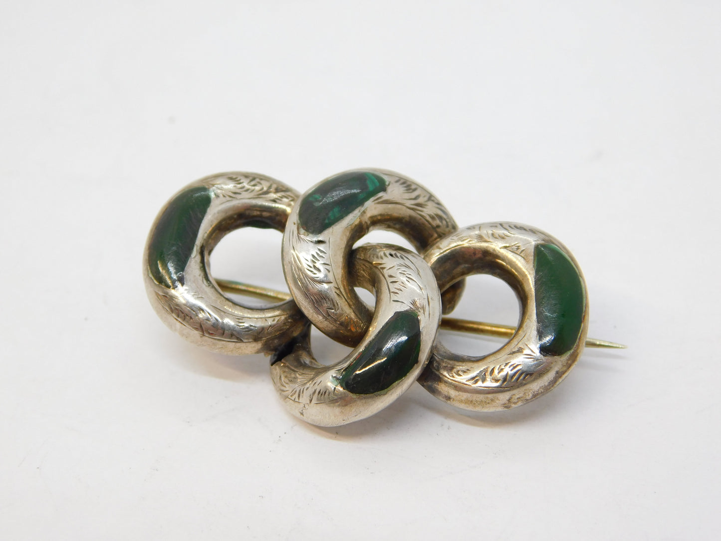 Victorian Scottish Sterling Silver Green Malachite Knotted Brooch Antique c1860