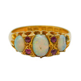 Victorian 18ct Yellow Gold, Three-Stone Opal & Ruby Boat Ring Antique 1901 Birmingham