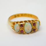 Victorian 18ct Yellow Gold, Three-Stone Opal & Ruby Boat Ring Antique 1901 Birmingham