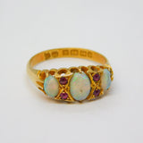 Victorian 18ct Yellow Gold, Three-Stone Opal & Ruby Boat Ring Antique 1901 Birmingham