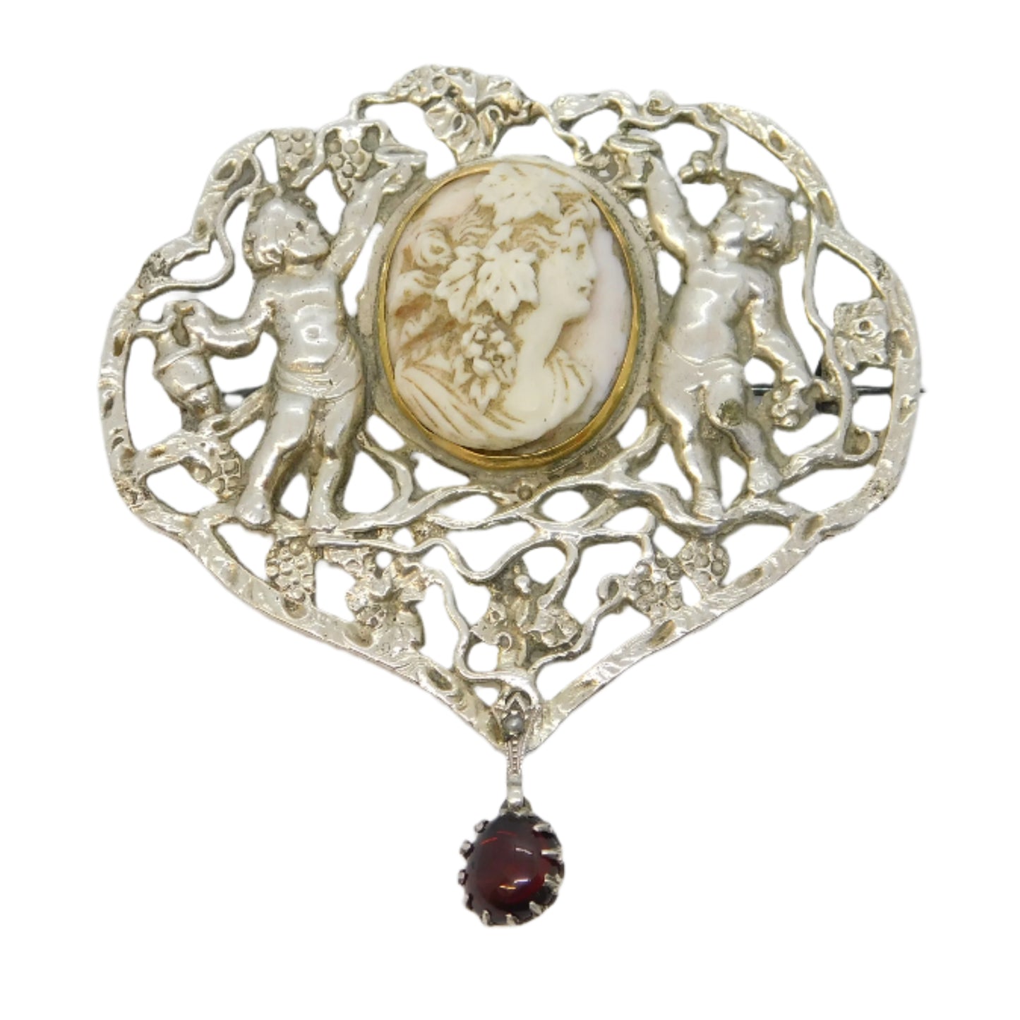 Victorian Sterling Silver, Gold, Angel Skin Coral Cameo Mourning Brooch Antique c1860