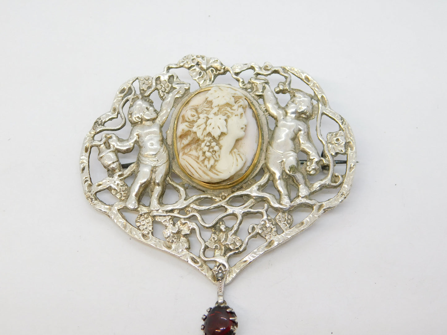 Victorian Sterling Silver, Gold, Angel Skin Coral Cameo Mourning Brooch Antique c1860