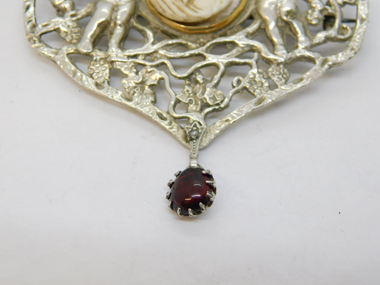 Victorian Sterling Silver, Gold, Angel Skin Coral Cameo Mourning Brooch Antique c1860