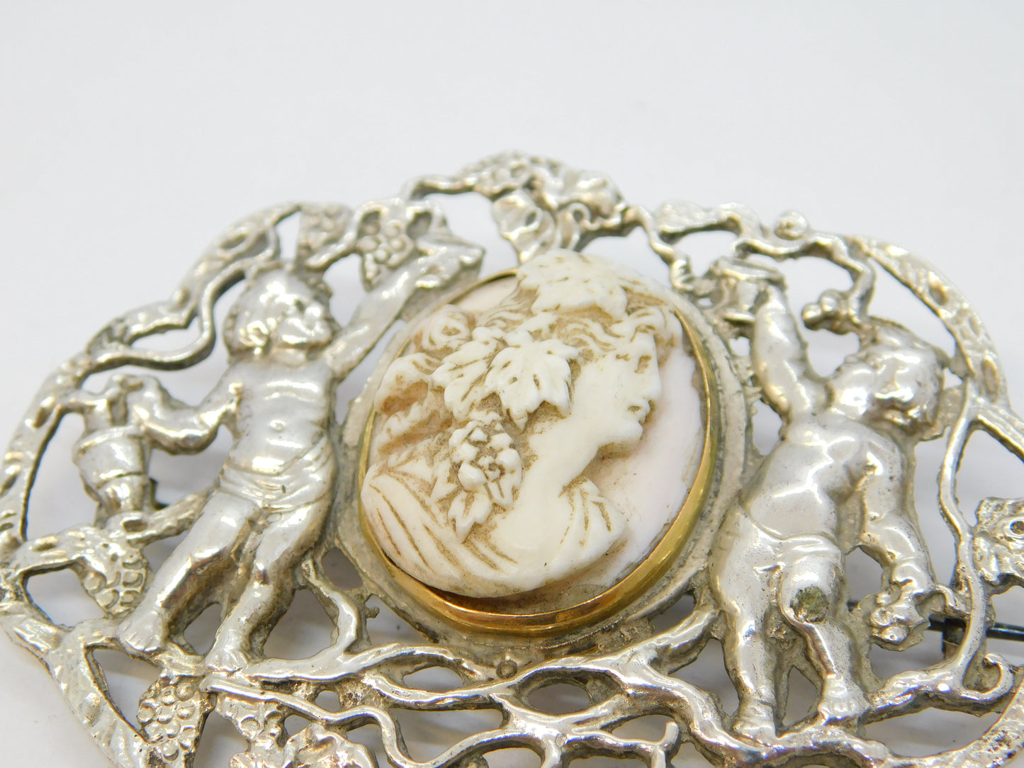 Victorian Sterling Silver, Gold, Angel Skin Coral Cameo Mourning Brooch Antique c1860