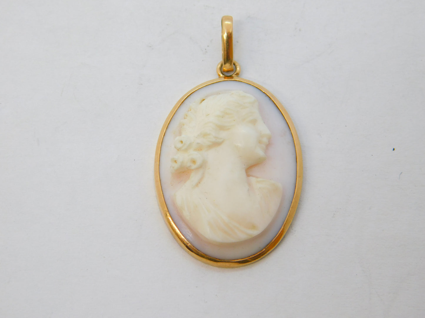 Victorian 9ct Rose Gold Carved Angel Skin Coral Cameo Pendant Antique c1860