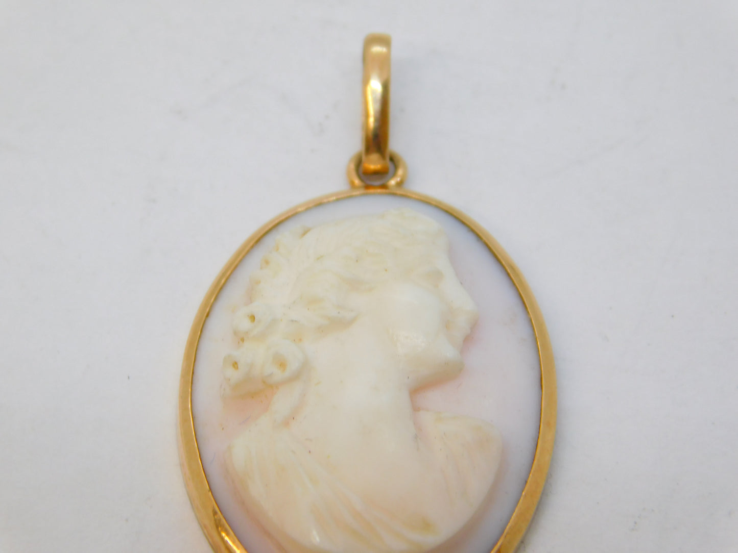Victorian 9ct Rose Gold Carved Angel Skin Coral Cameo Pendant Antique c1860