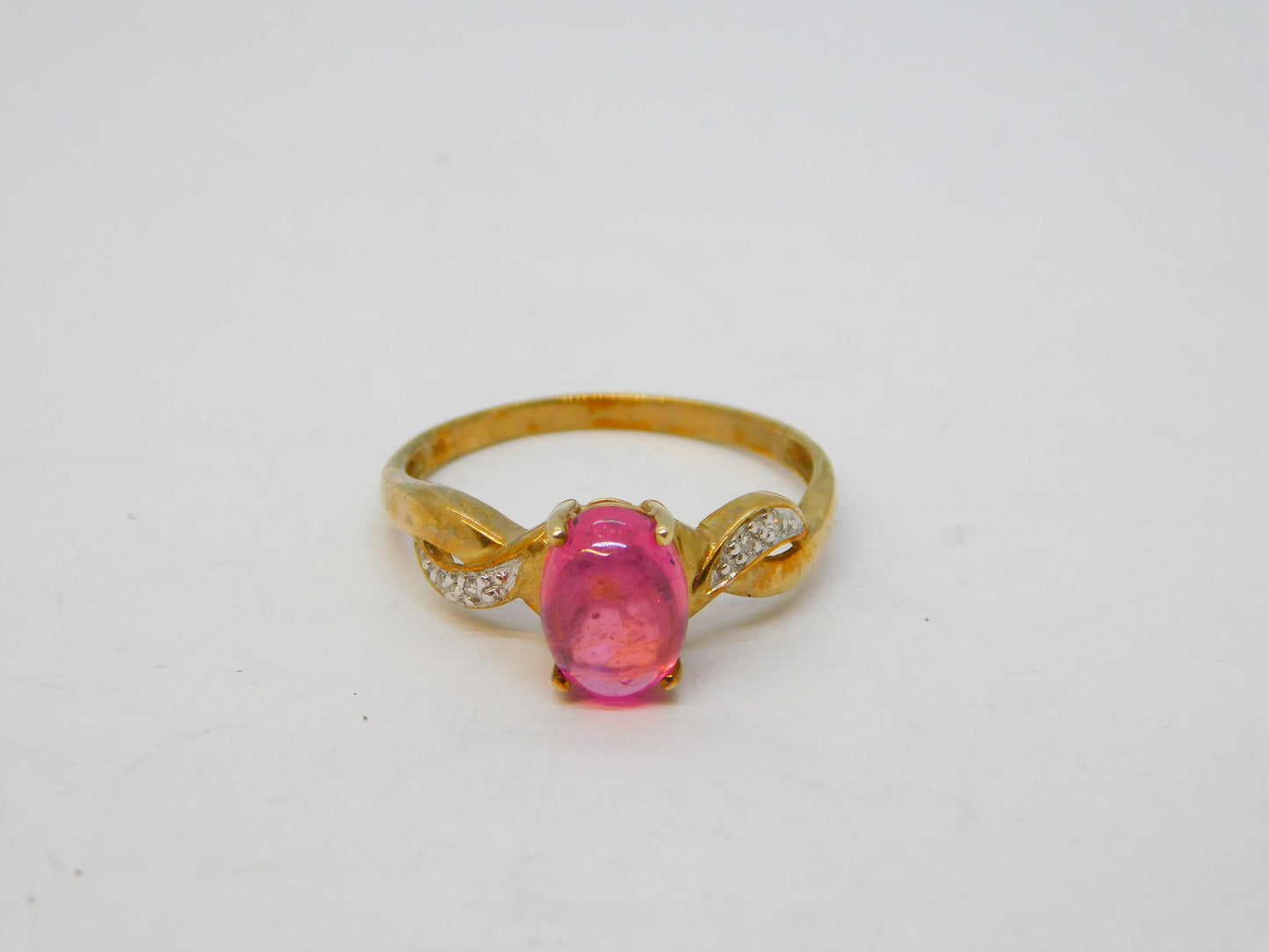 9ct Yellow Gold, Cabochon Pink Topaz & Diamond Dress Ring Vintage c1980