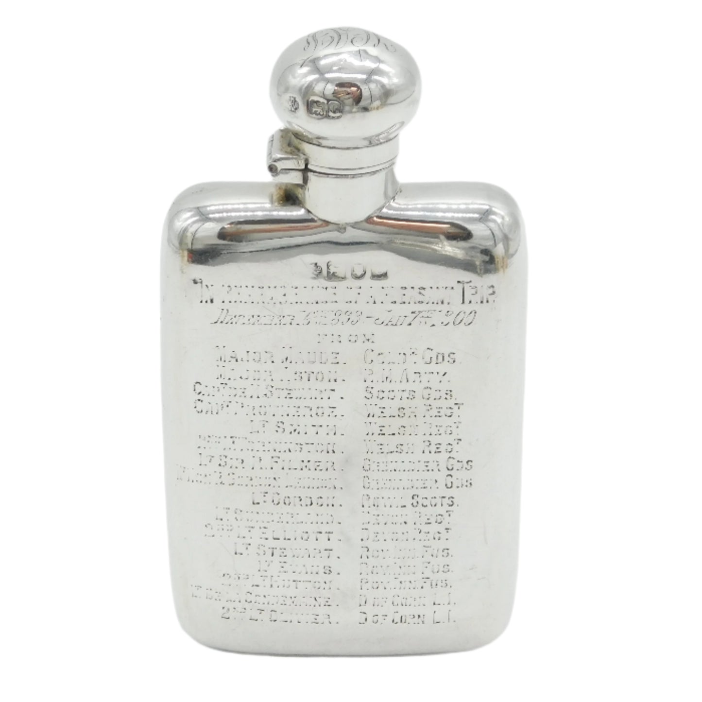 Victorian Sterling Silver Military Interest Hip Flask Antique 1898 London