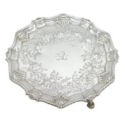 George III Sterling Silver Floral Pattern Cow Crest Salver Antique 1764 London