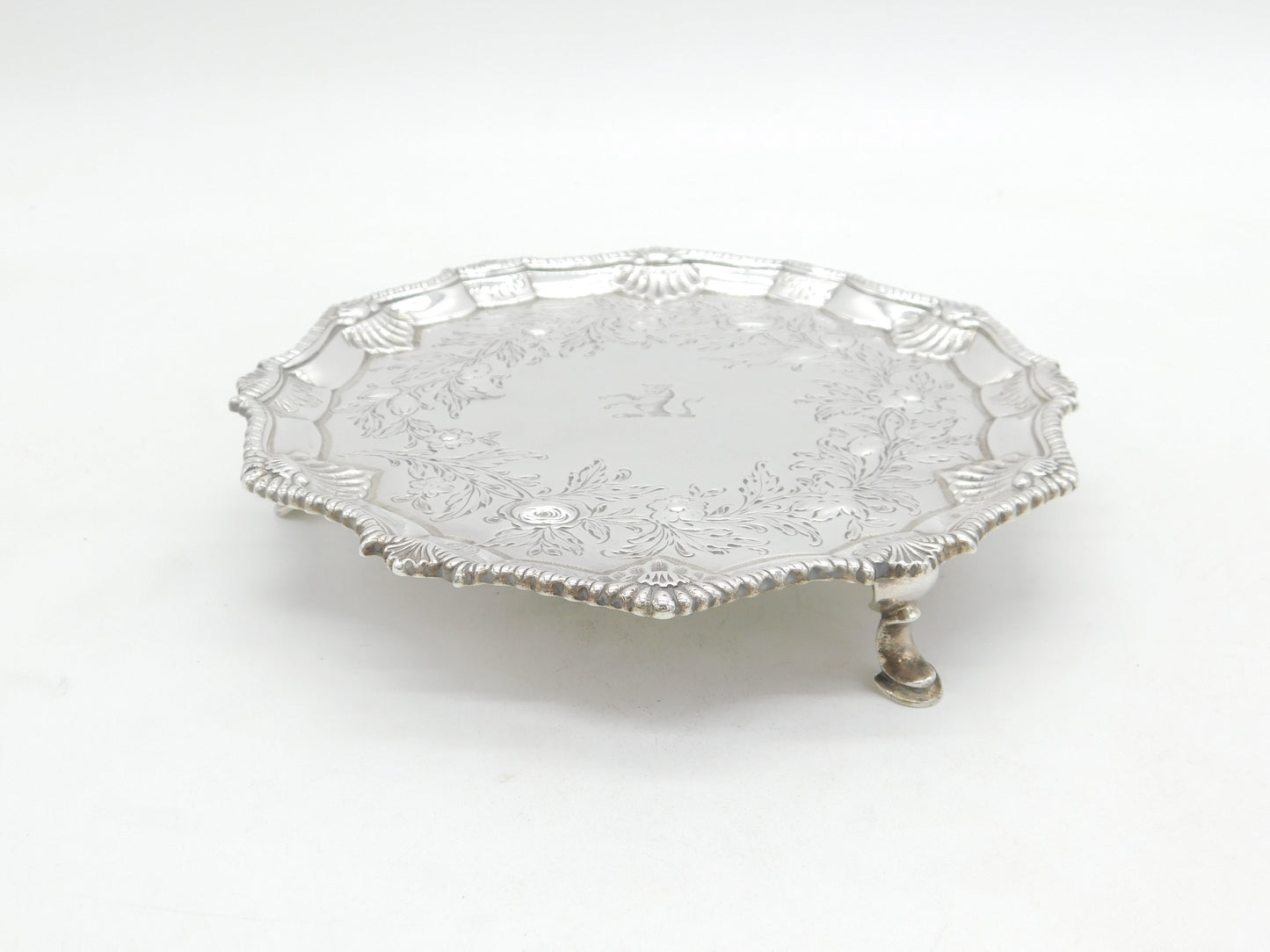 George III Sterling Silver Floral Pattern Cow Crest Salver Antique 1764 London
