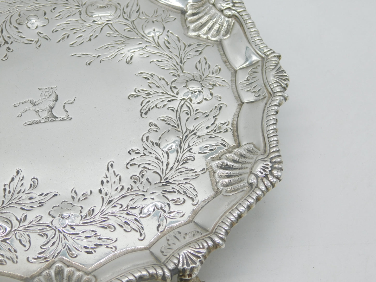 George III Sterling Silver Floral Pattern Cow Crest Salver Antique 1764 London