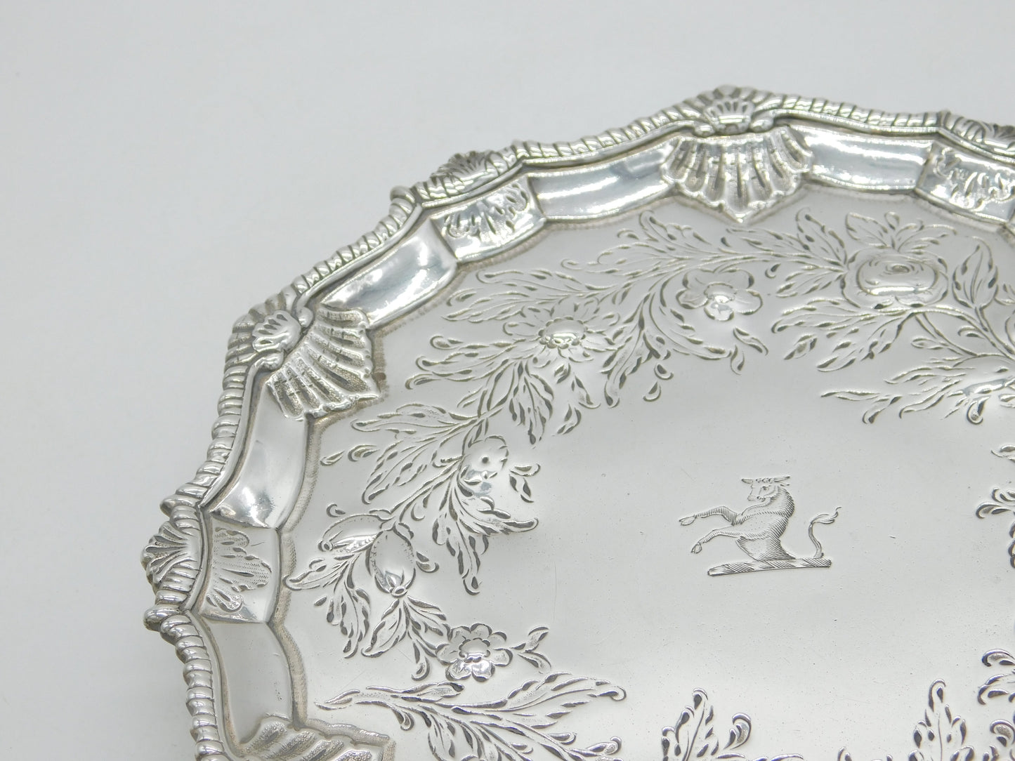 George III Sterling Silver Floral Pattern Cow Crest Salver Antique 1764 London