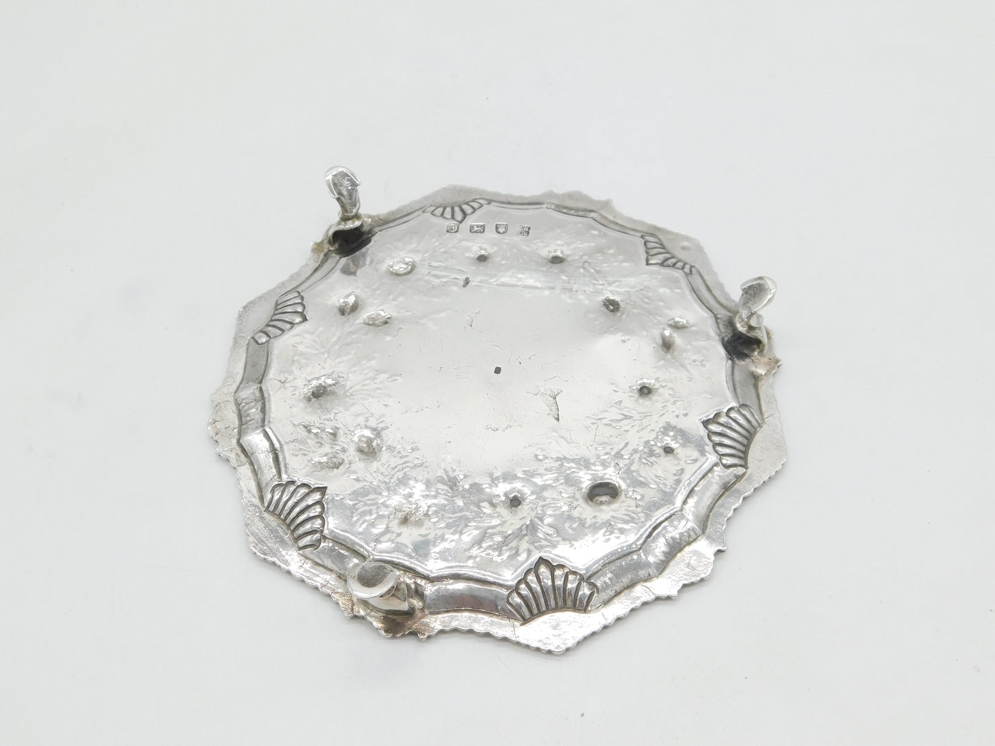 George III Sterling Silver Floral Pattern Cow Crest Salver Antique 1764 London