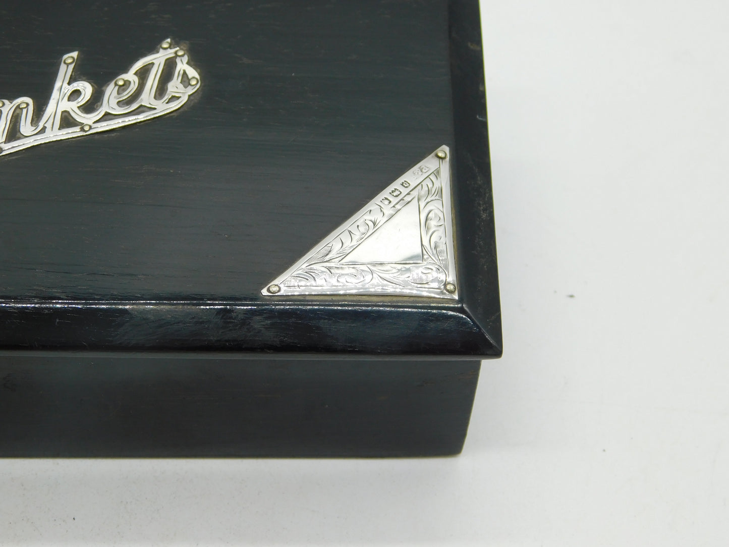 Sterling Silver Mounted Ebony Wood 'Trinkets' Jewellery Box Antique 1919 London