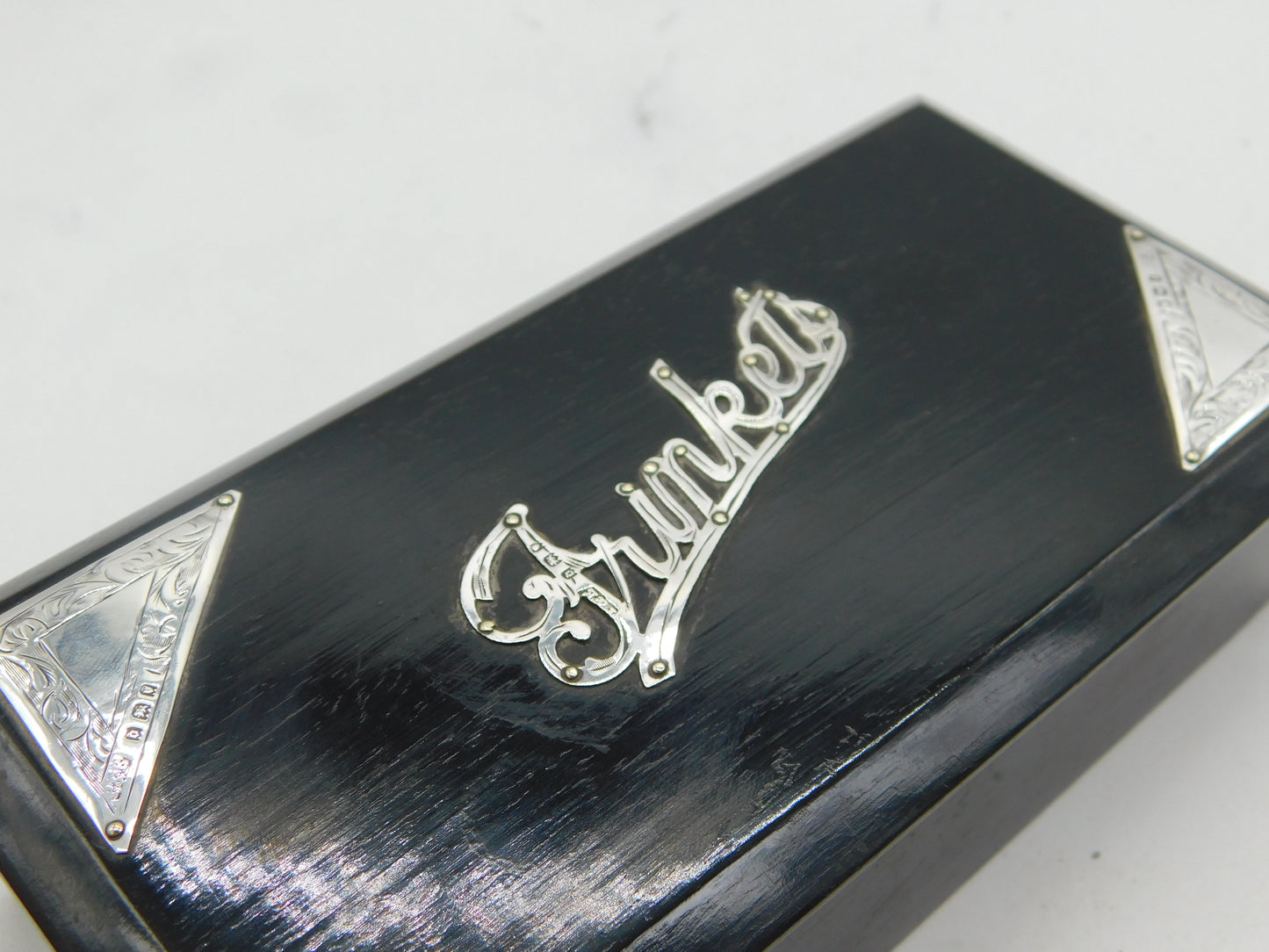 Sterling Silver Mounted Ebony Wood 'Trinkets' Jewellery Box Antique 1919 London