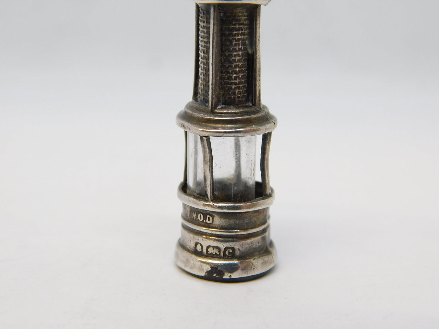 Edwardian Sterling Silver Bloodstone Set Miners Lamp Fob Pendant Antique 1902