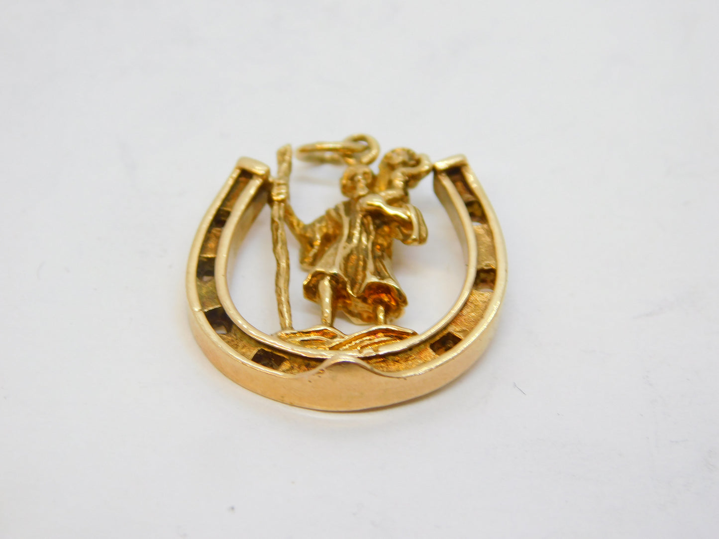 9ct Gold, Good Luck Horseshoe St. Christopher Travel Pendant Vintage 1971 London