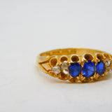Victorian 18ct Gold, Sapphire & Diamond Boat Ring Antique 1876 Birmingham