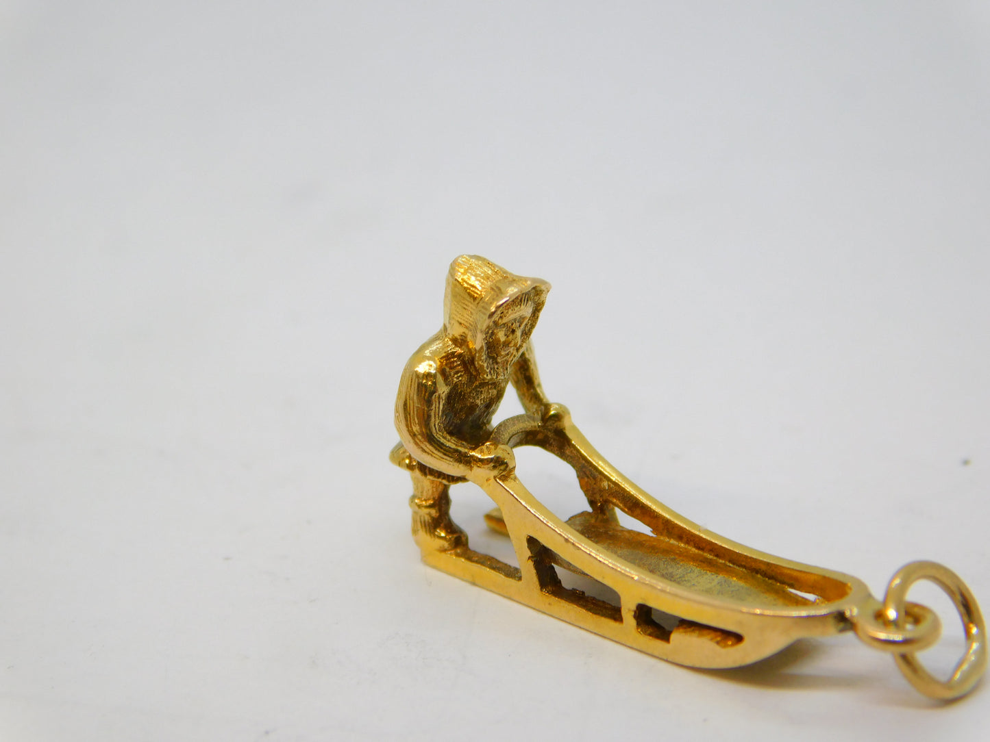 10ct Yellow Gold Eskimo Inuit with Dog Sled Charm Pendant Vintage c1970