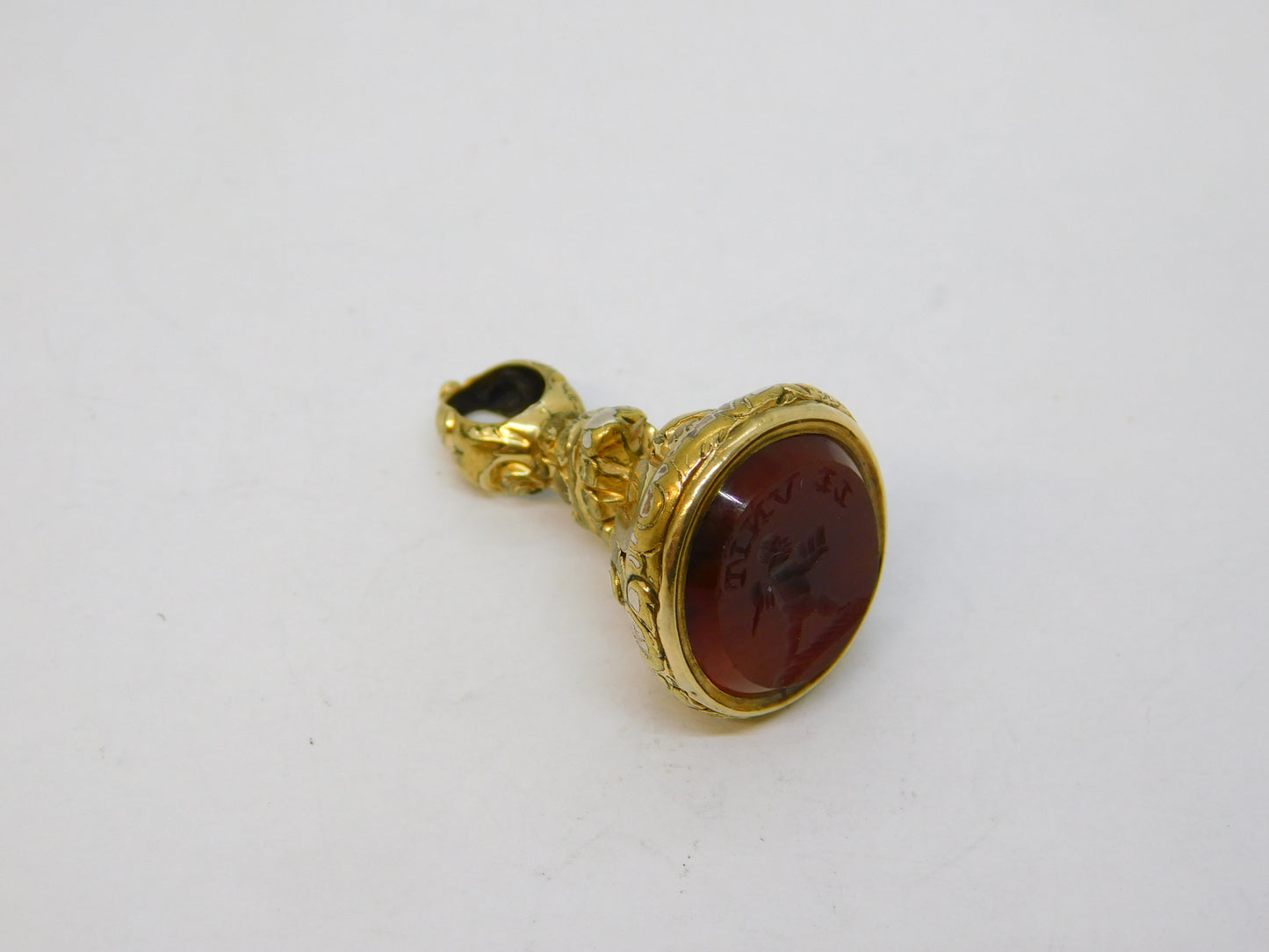 George III Rolled Gold Carnelian 'Le Vivit' 'The Humble' Intaglio Fob Antique
