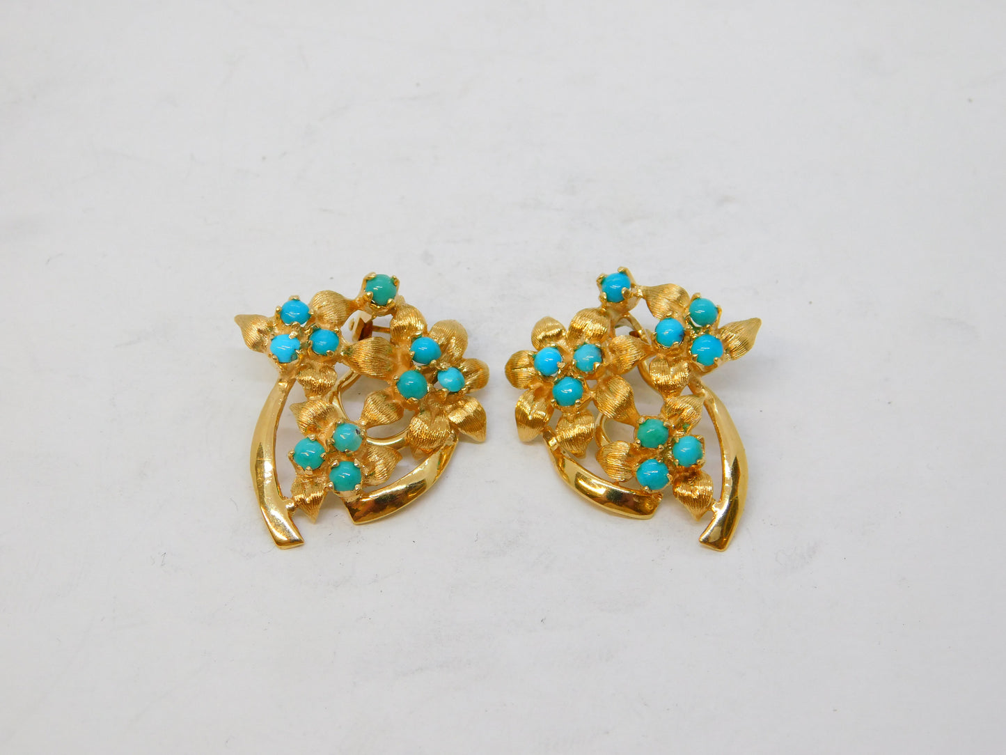 14ct Yellow Gold Turquoise Set Floral Clip-On Earrings Vintage c1970 Continental