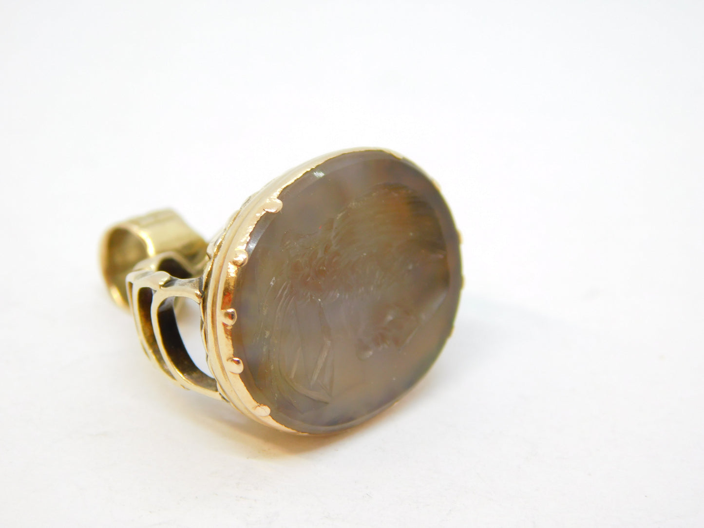 George III 9ct Gold Carved Rock Crystal Oliver Cromwell Intaglio Fob Seal c1820