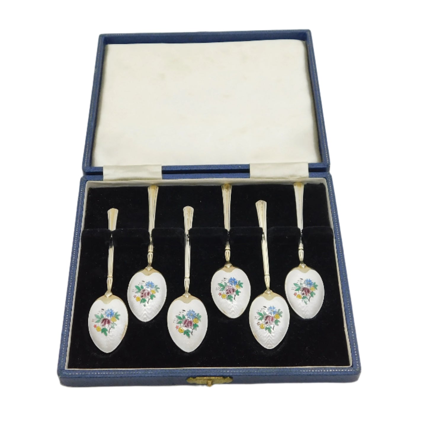 Boxed Sterling Silver Floral Enamel Gilded Teaspoon Set Vintage 1962 Birmingham