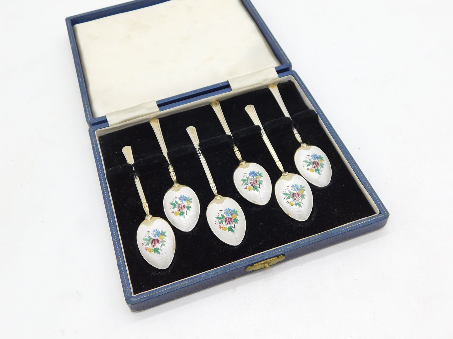 Boxed Sterling Silver Floral Enamel Gilded Teaspoon Set Vintage 1962 Birmingham
