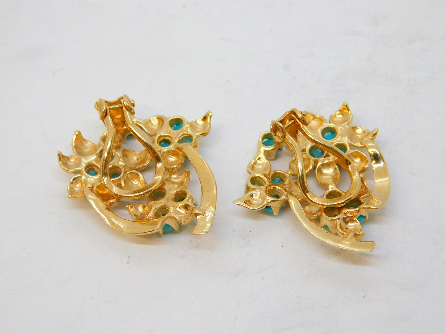 14ct Yellow Gold Turquoise Set Floral Clip-On Earrings Vintage c1970 Continental
