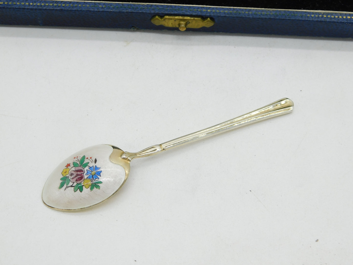 Boxed Sterling Silver Floral Enamel Gilded Teaspoon Set Vintage 1962 Birmingham