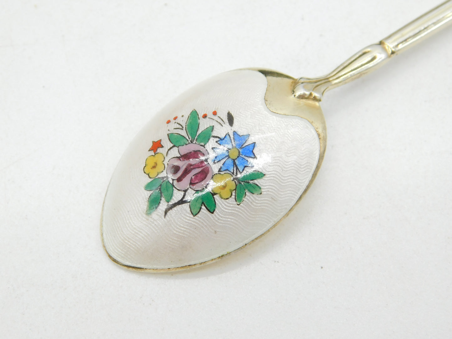 Boxed Sterling Silver Floral Enamel Gilded Teaspoon Set Vintage 1962 Birmingham