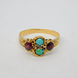 Victorian 15ct Yellow Gold, Turquoise & Garnet Set Dress Ring Antique c1860