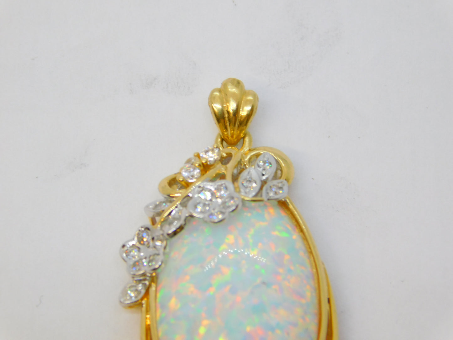 14ct Yellow Gold, White Opal & White Spinel Floral Drop Pendant Vintage c1970
