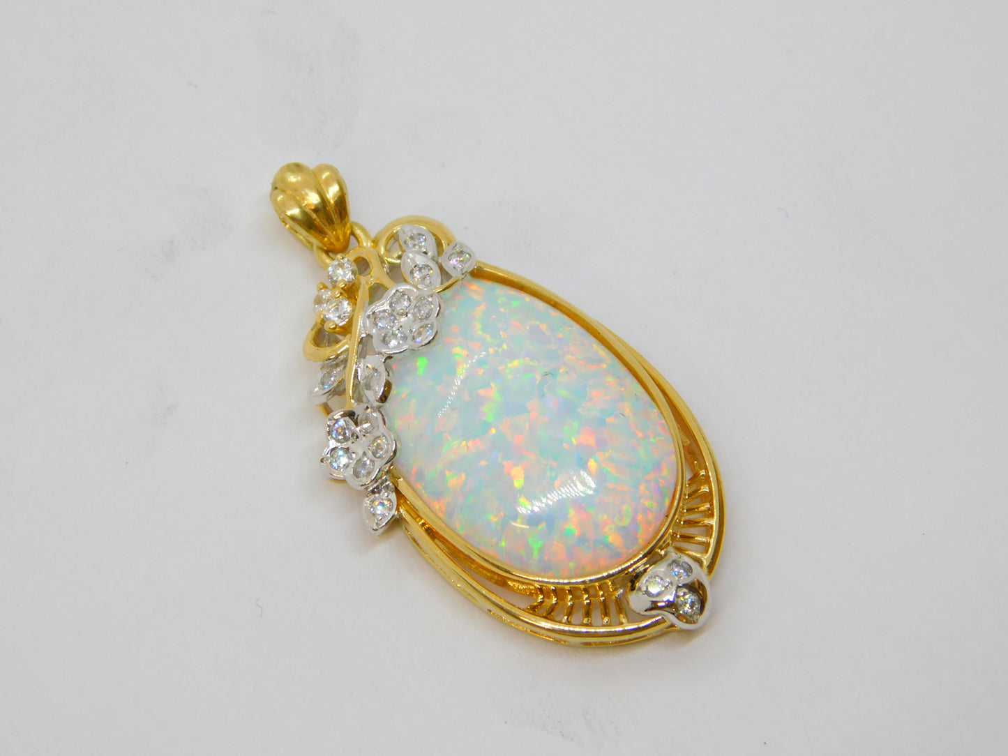 14ct Yellow Gold, White Opal & White Spinel Floral Drop Pendant Vintage c1970