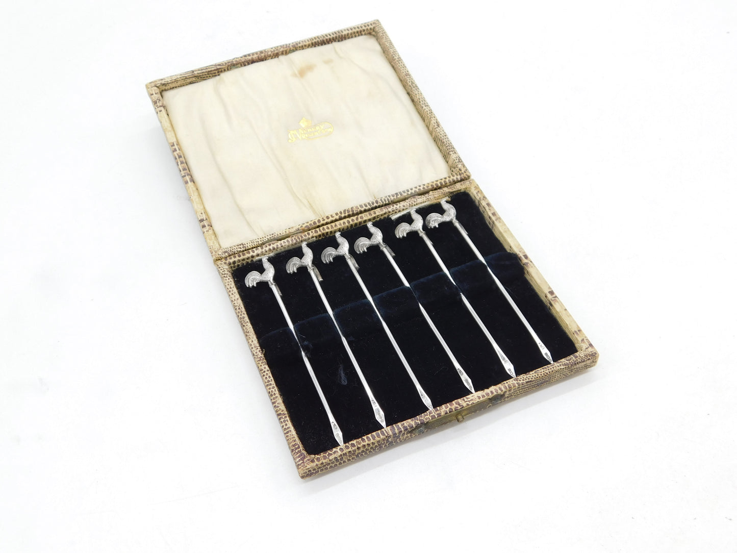 Boxed Set of Sterling Silver Chicken Terminal Cocktail Sticks Antique 1902 Birmingham