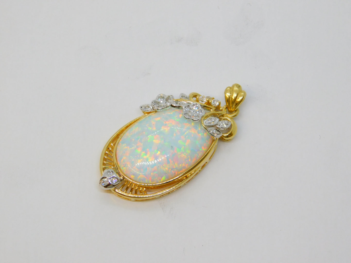 14ct Yellow Gold, White Opal & White Spinel Floral Drop Pendant Vintage c1970