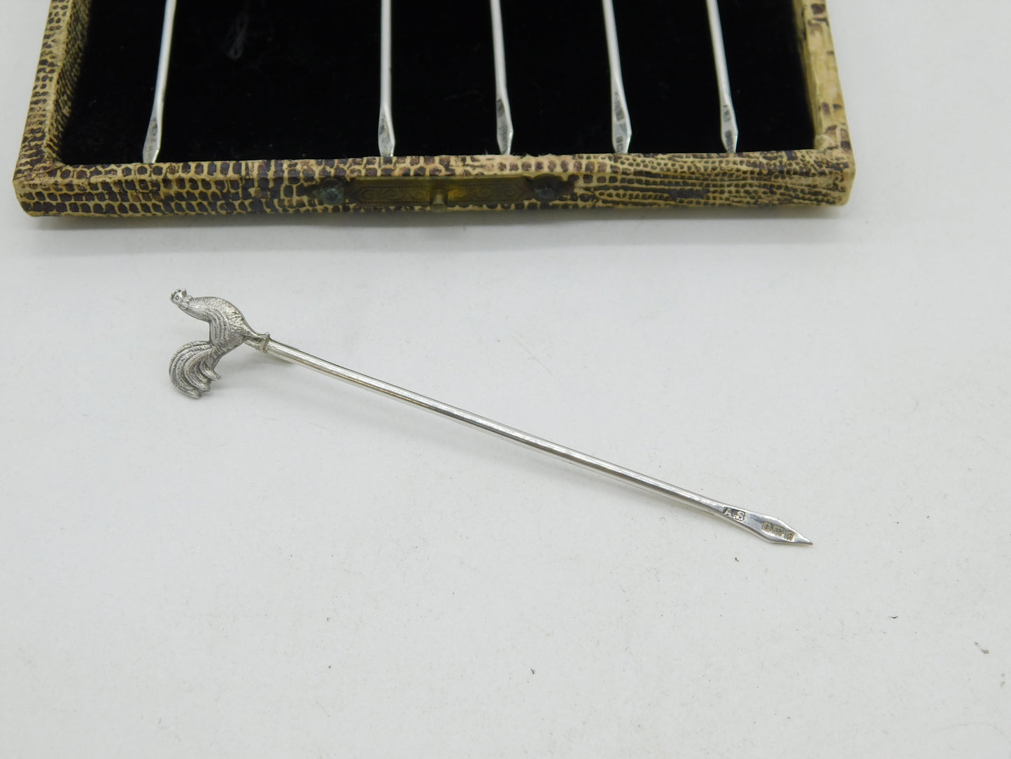 Boxed Set of Sterling Silver Chicken Terminal Cocktail Sticks Antique 1902 Birmingham