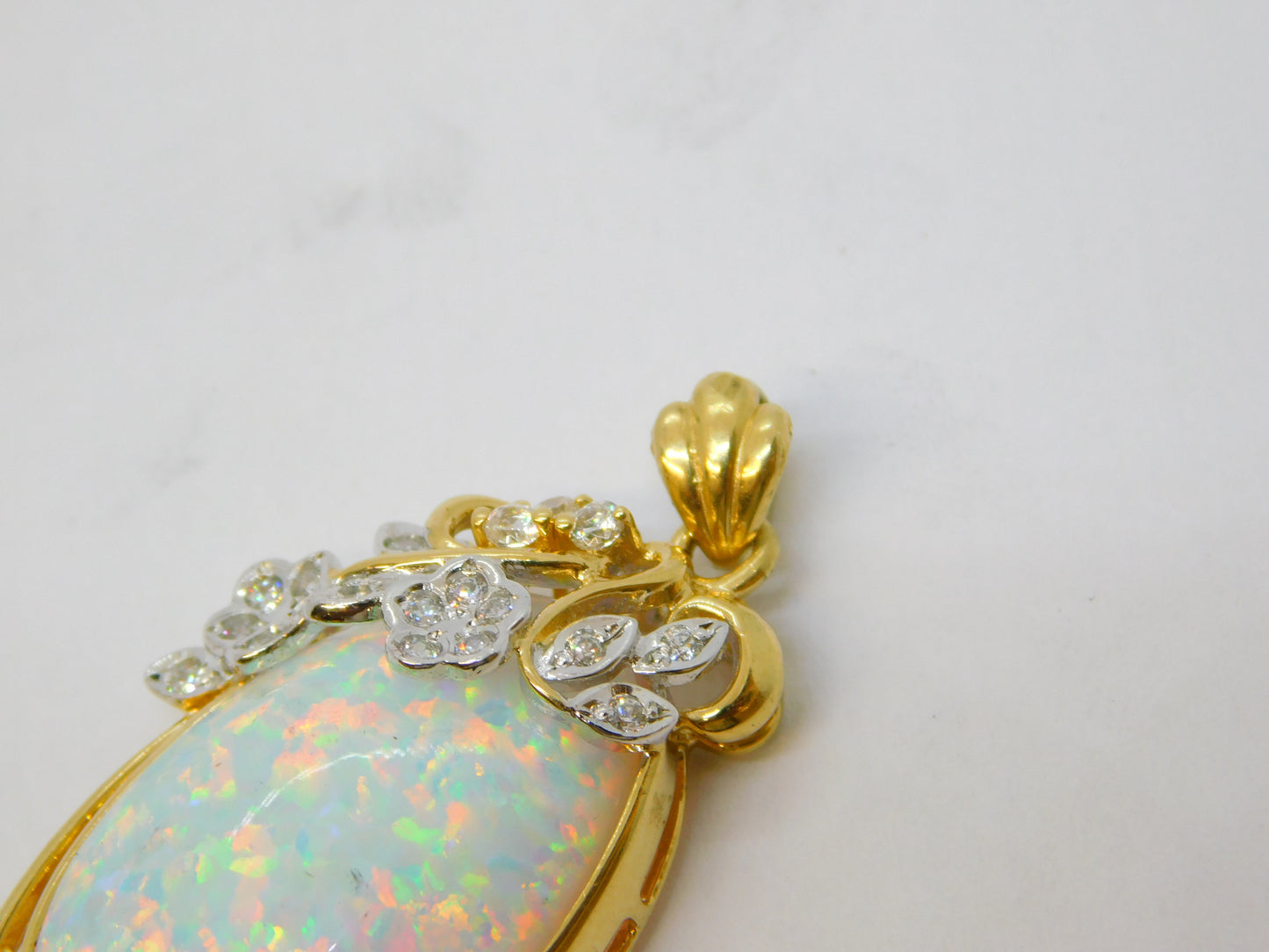14ct Yellow Gold, White Opal & White Spinel Floral Drop Pendant Vintage c1970