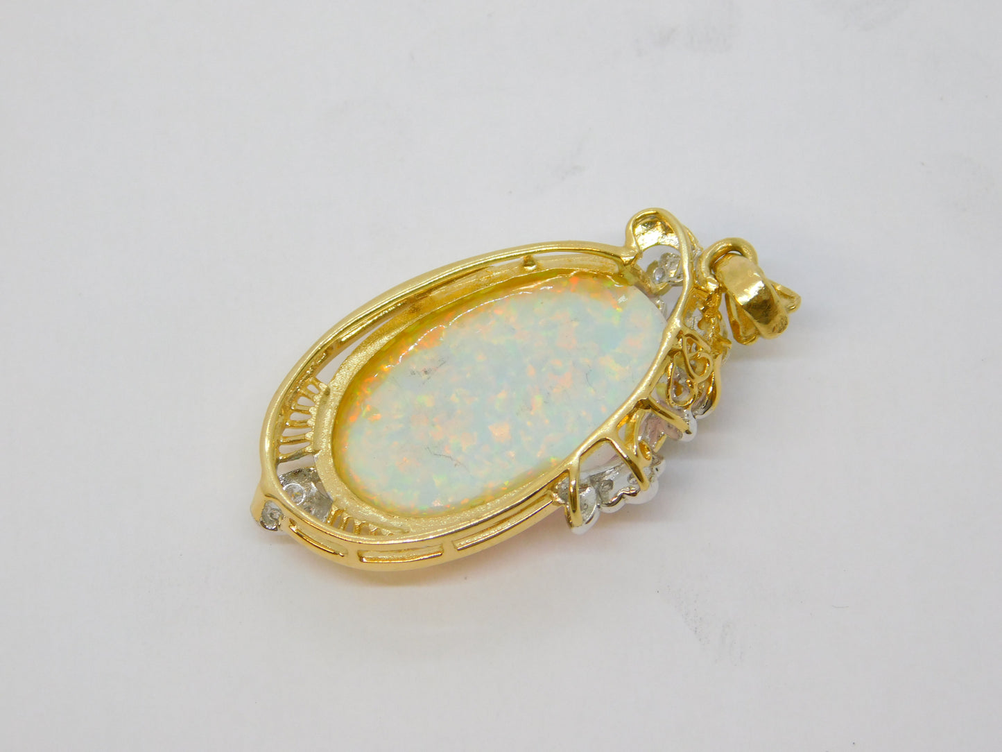 14ct Yellow Gold, White Opal & White Spinel Floral Drop Pendant Vintage c1970