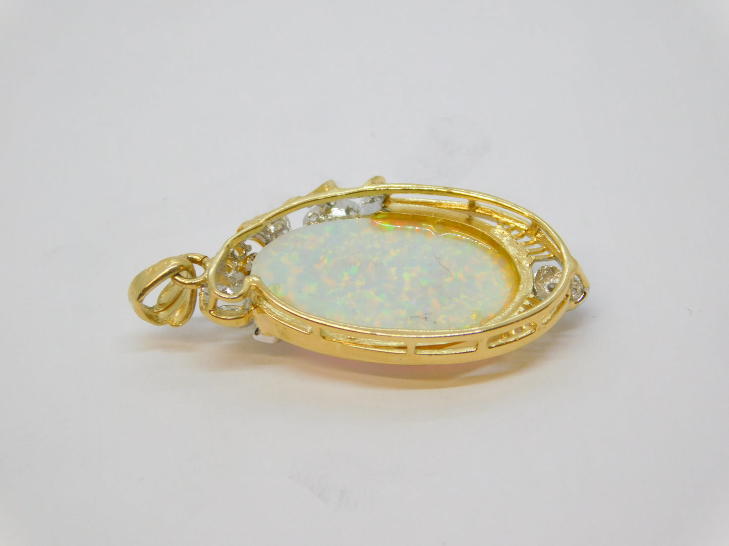 14ct Yellow Gold, White Opal & White Spinel Floral Drop Pendant Vintage c1970
