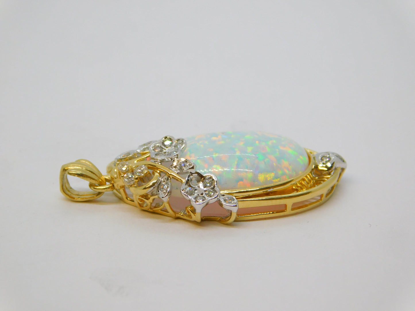 14ct Yellow Gold, White Opal & White Spinel Floral Drop Pendant Vintage c1970