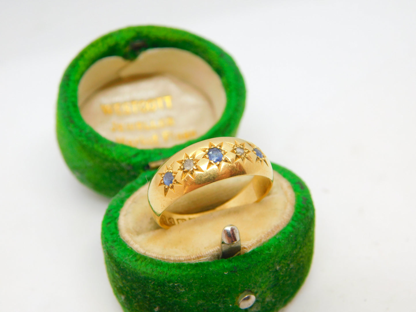 Edwardian 18ct Yellow Gold, Sapphire & Diamond Boat Ring Antique 1905 Chester
