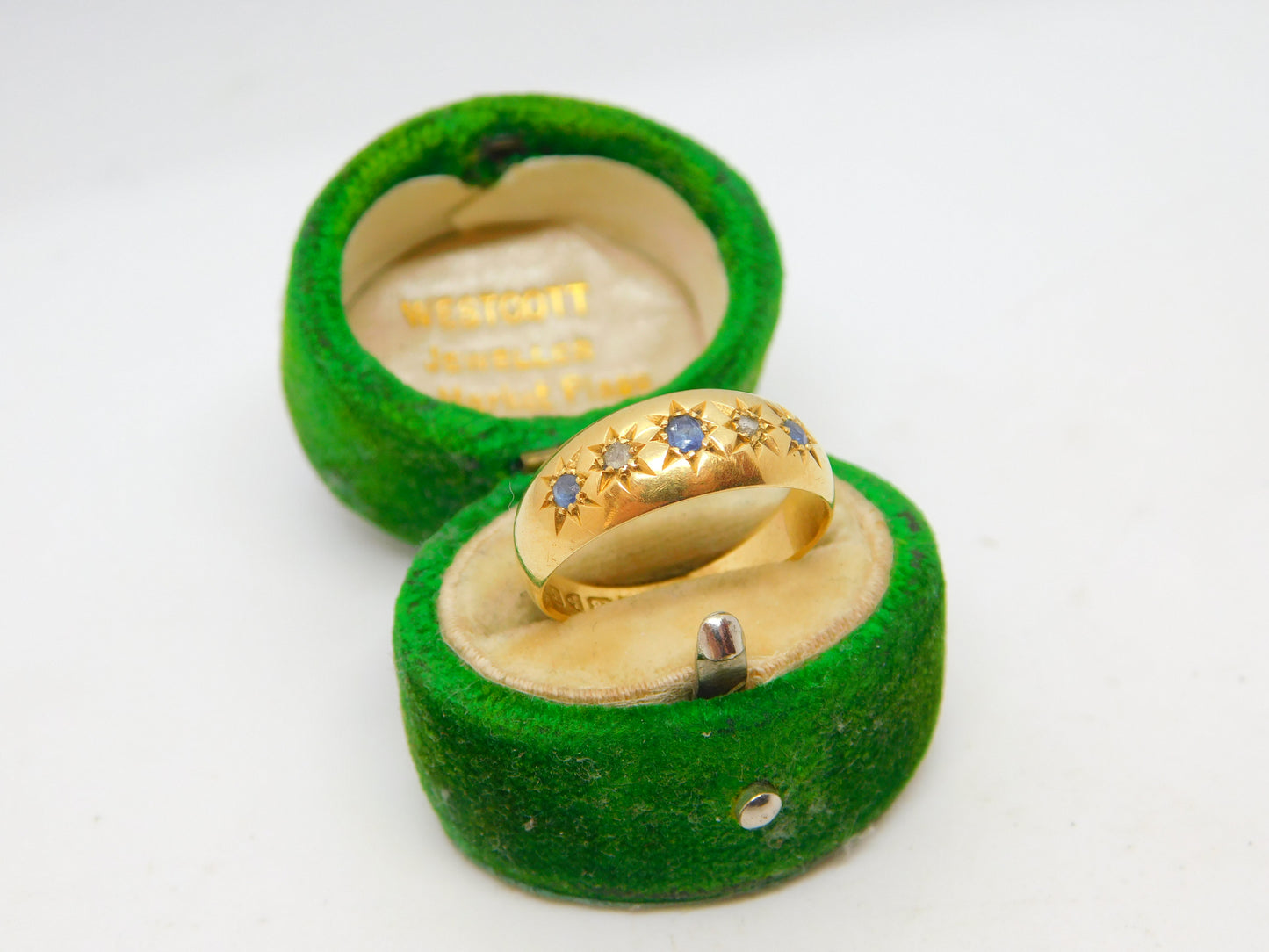 Edwardian 18ct Yellow Gold, Sapphire & Diamond Boat Ring Antique 1905 Chester