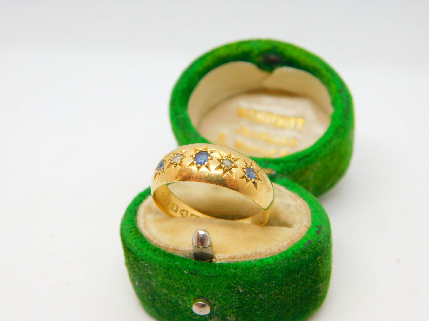 Edwardian 18ct Yellow Gold, Sapphire & Diamond Boat Ring Antique 1905 Chester