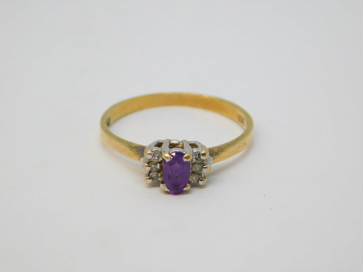 10ct Yellow Gold, Amethyst & Six Diamond Set Dress Ring Vintage c1970