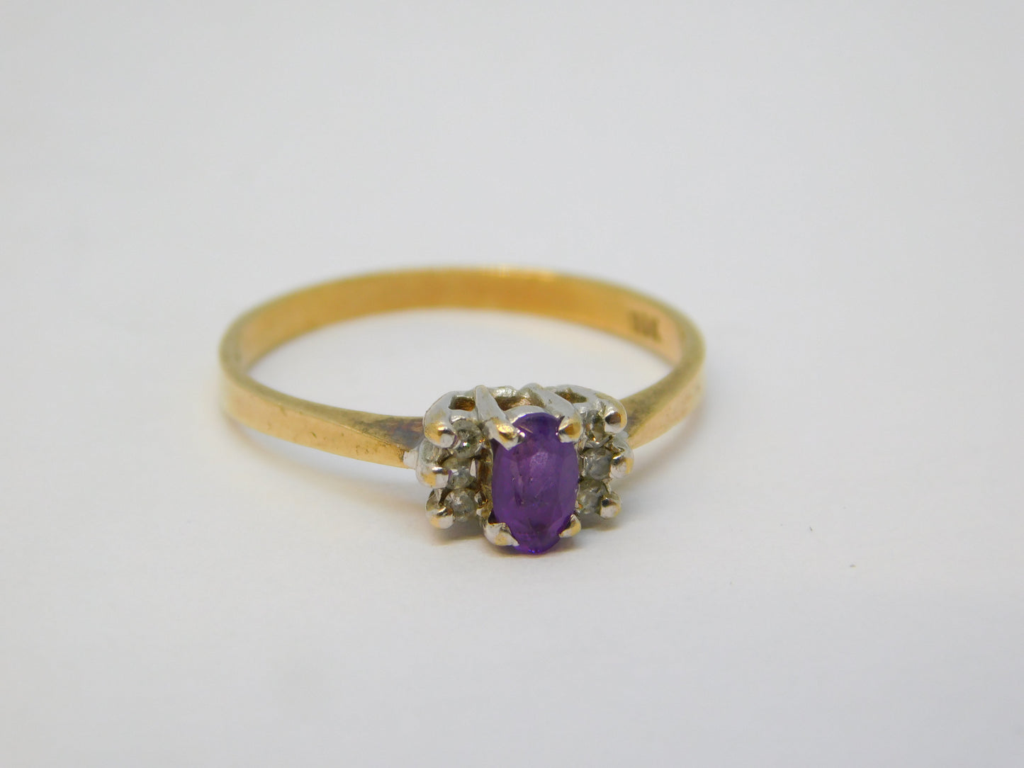 10ct Yellow Gold, Amethyst & Six Diamond Set Dress Ring Vintage c1970